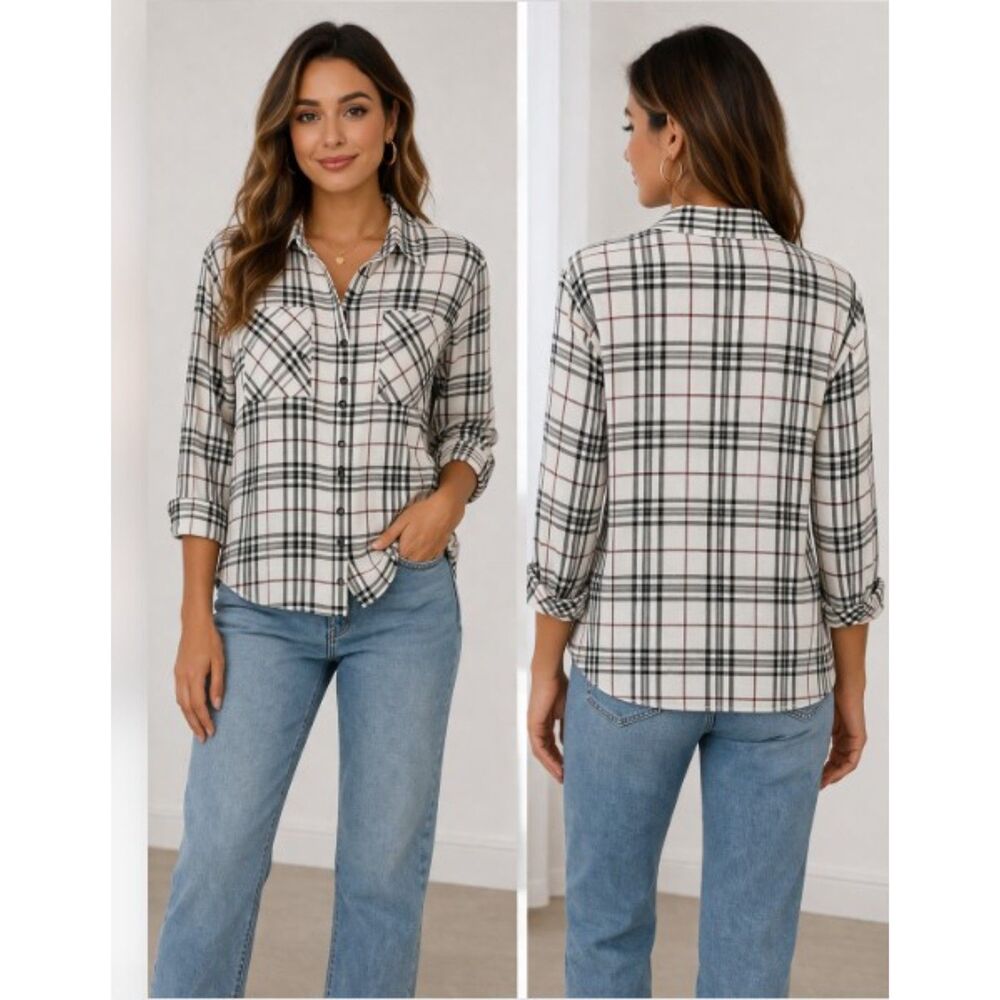 Sanctuary New Generation Plaid Boyfriend Shirt White Medium